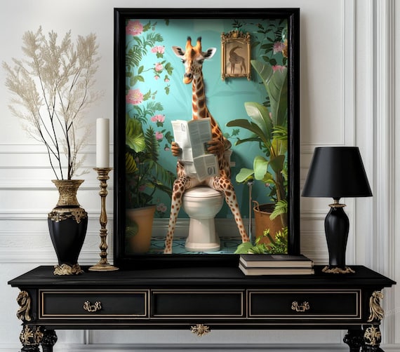 Funny Bathroom Giraffe Poster Animal On Toilet Wall Art Gag Gift For Guest Quirky Decor White Elephant 22