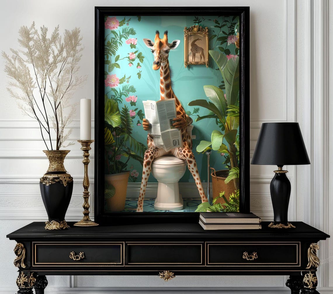 Funny Giraffe Reading Newspaper on Toilet with Tropical Floral Poster