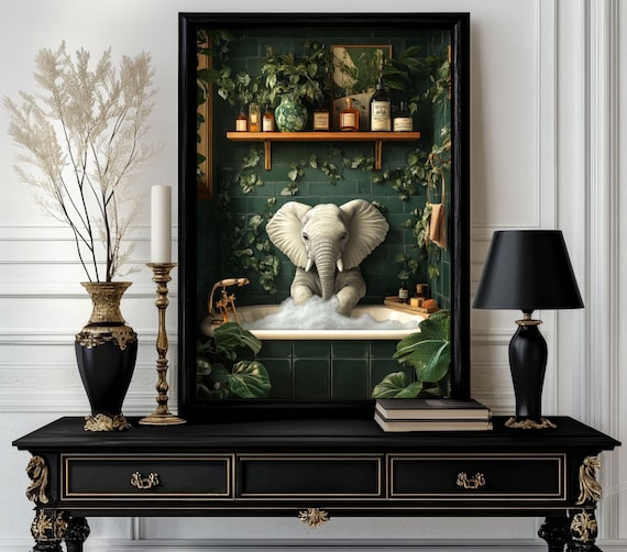 Funny Bathroom Elephant Poster Animal On Toilet Wall Art Gag Gift For Guest Quirky Decor White 240