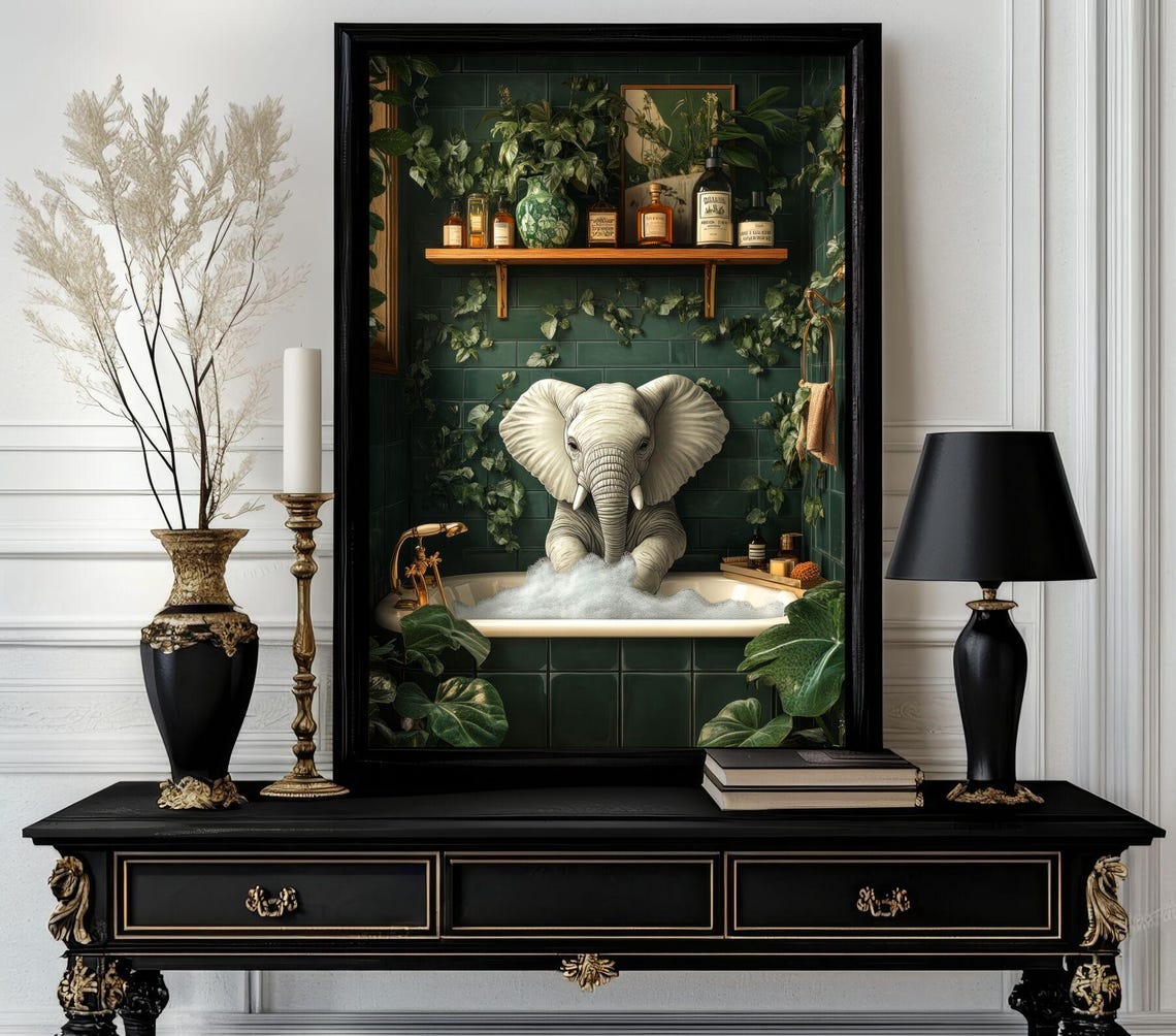 Baby Elephant Bubble Bath Beneath Ivy Shelf Botanical Animal Poster