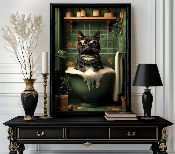 Funny Bathroom Cat Poster Animal On Toilet Wall Art Gag Gift For Guest Quirky Decor White Elephant Giftcat 31