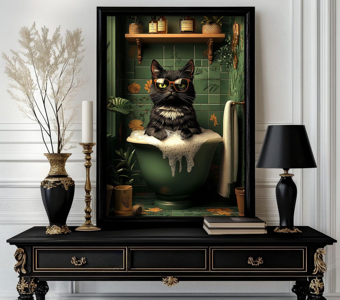 Funny Black Cat in Red Sunglasses Soaking in Bubble Bath Poster