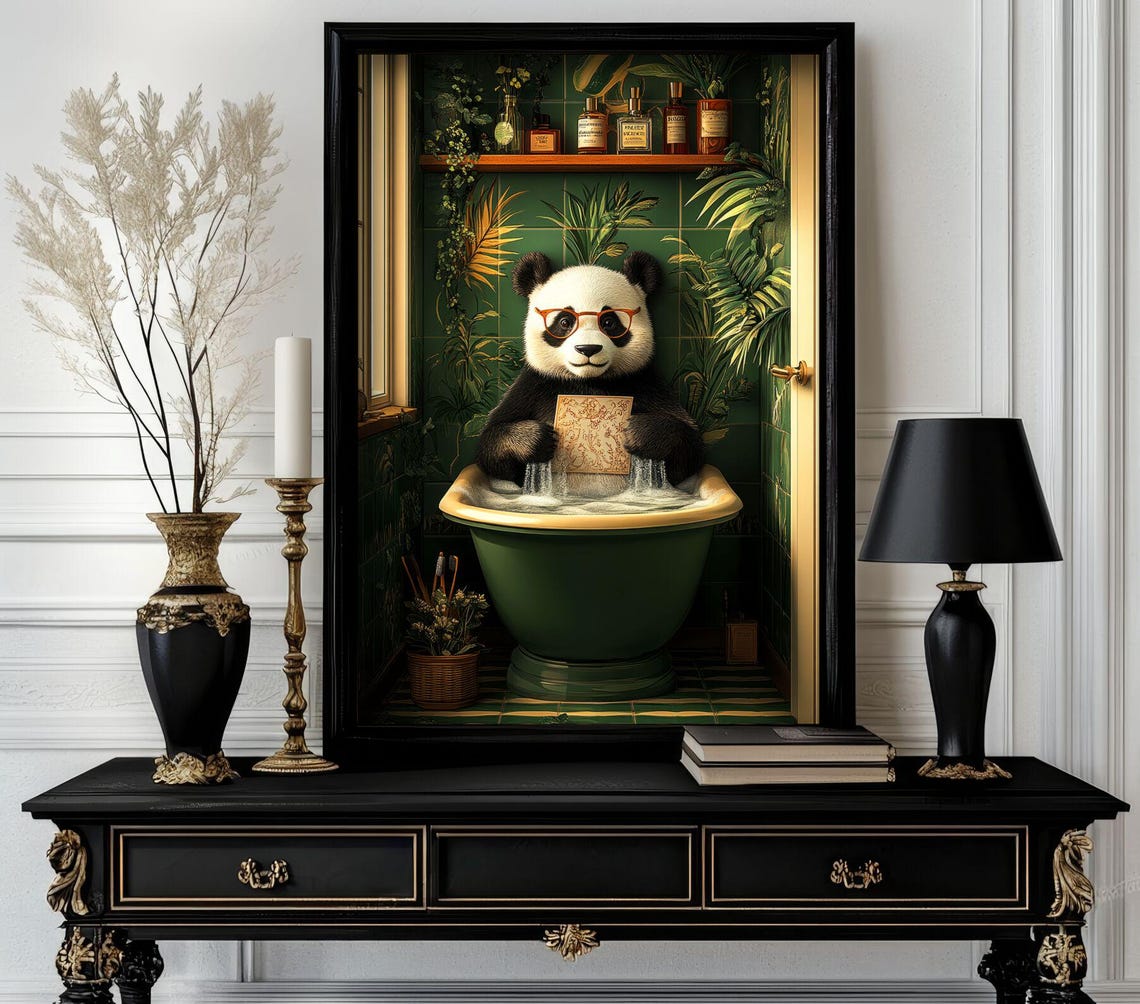 Funny Panda Reading Newspaper in a Bubble Bath with Glasses Poster