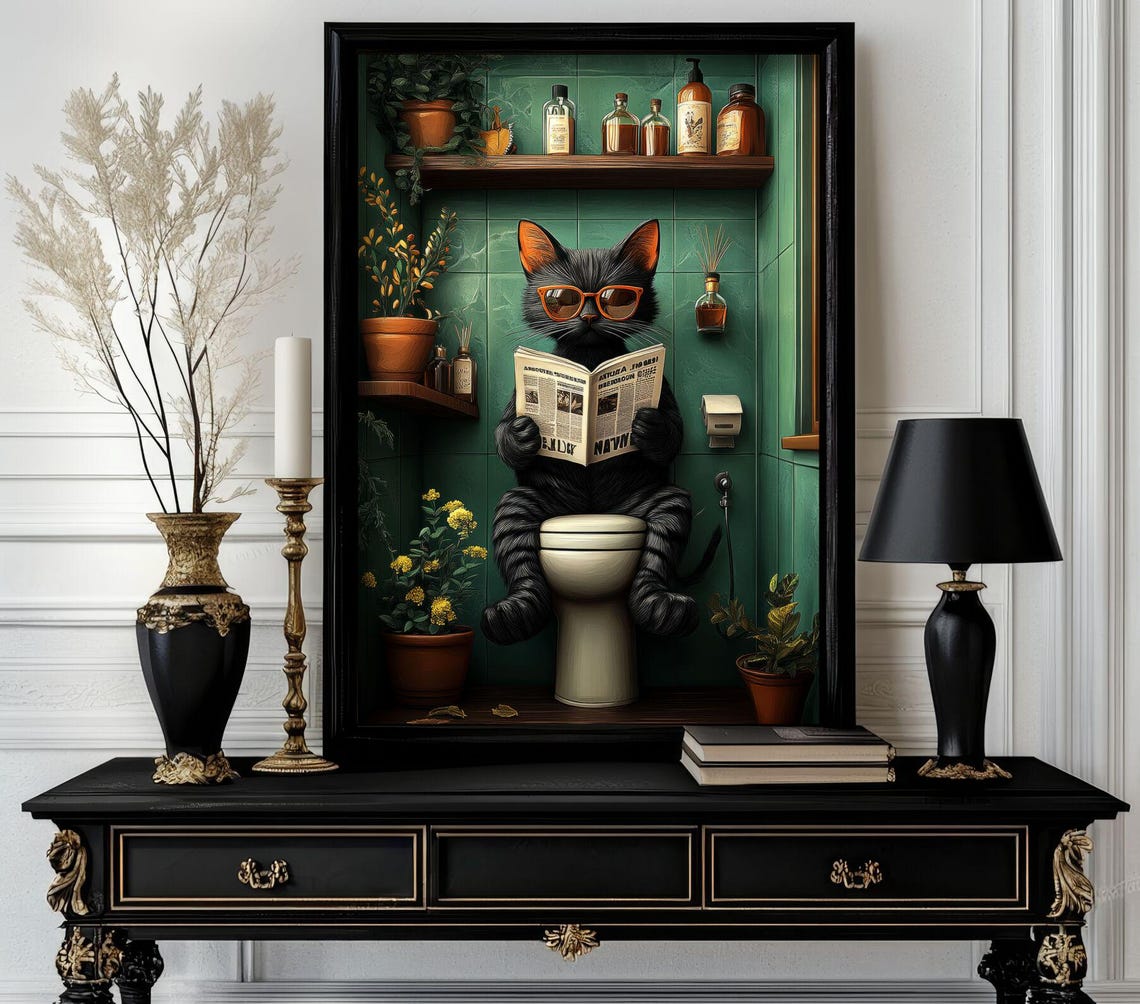 Cool Black Cat Reading Newspaper on Toilet Green Tile Poster