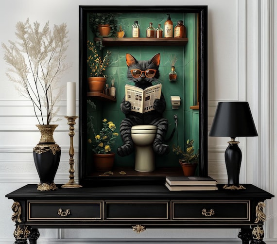 Cool Black Cat Reading Newspaper on Toilet Green Tile Poster