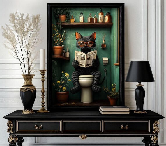 Funny Bathroom Cat Poster Animal On Toilet Wall Art Gag Gift For Guest Quirky Decor White Elephant 66