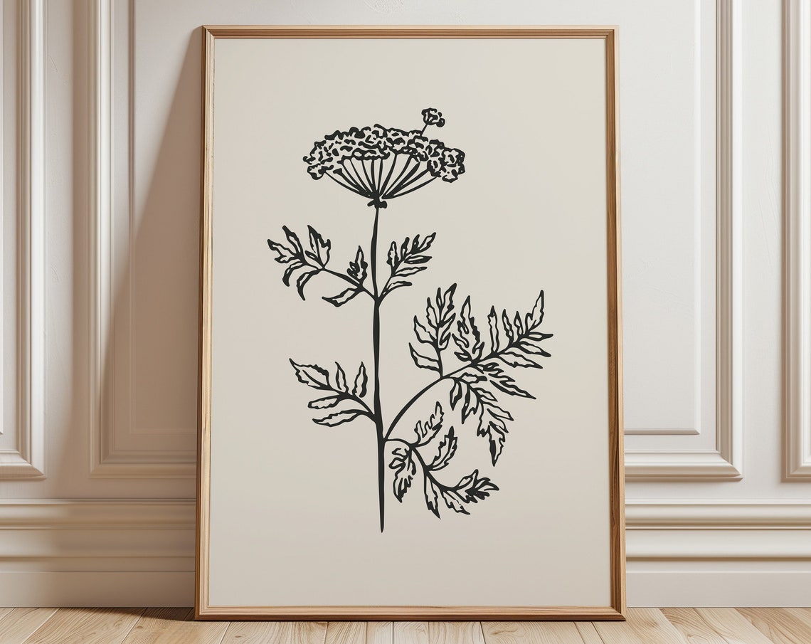 Black Fine Line Botanical Wildflower Sketch Minimalist Art Print