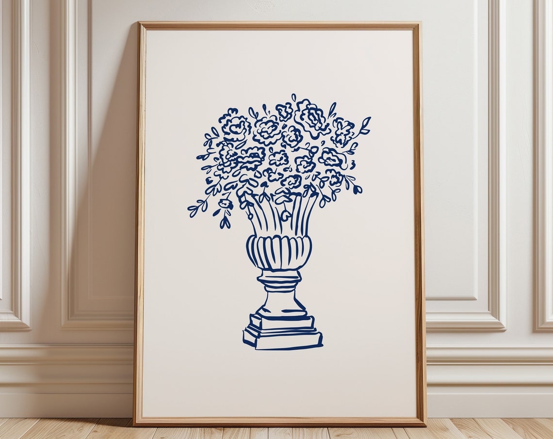 Blue Fine Line Flower Vase Bouquet Minimalist Botanical Poster