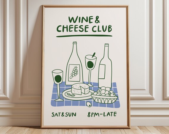 Wine And Cheese Club Hand Drawn Kitchen Poster With Olive Detail