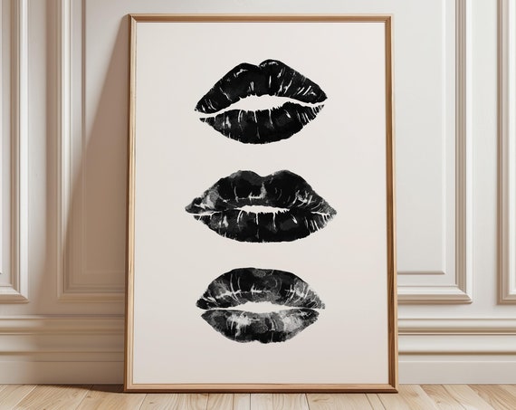 Black Lipstick Kiss Wall Art Lips Print Trendy Kisses Dorm Room Decor Girly Red