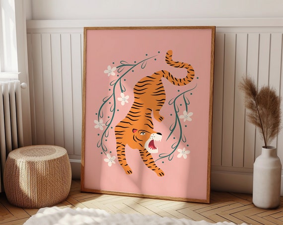 Colorful Tiger Art Print, Preppy Maximalist Decor