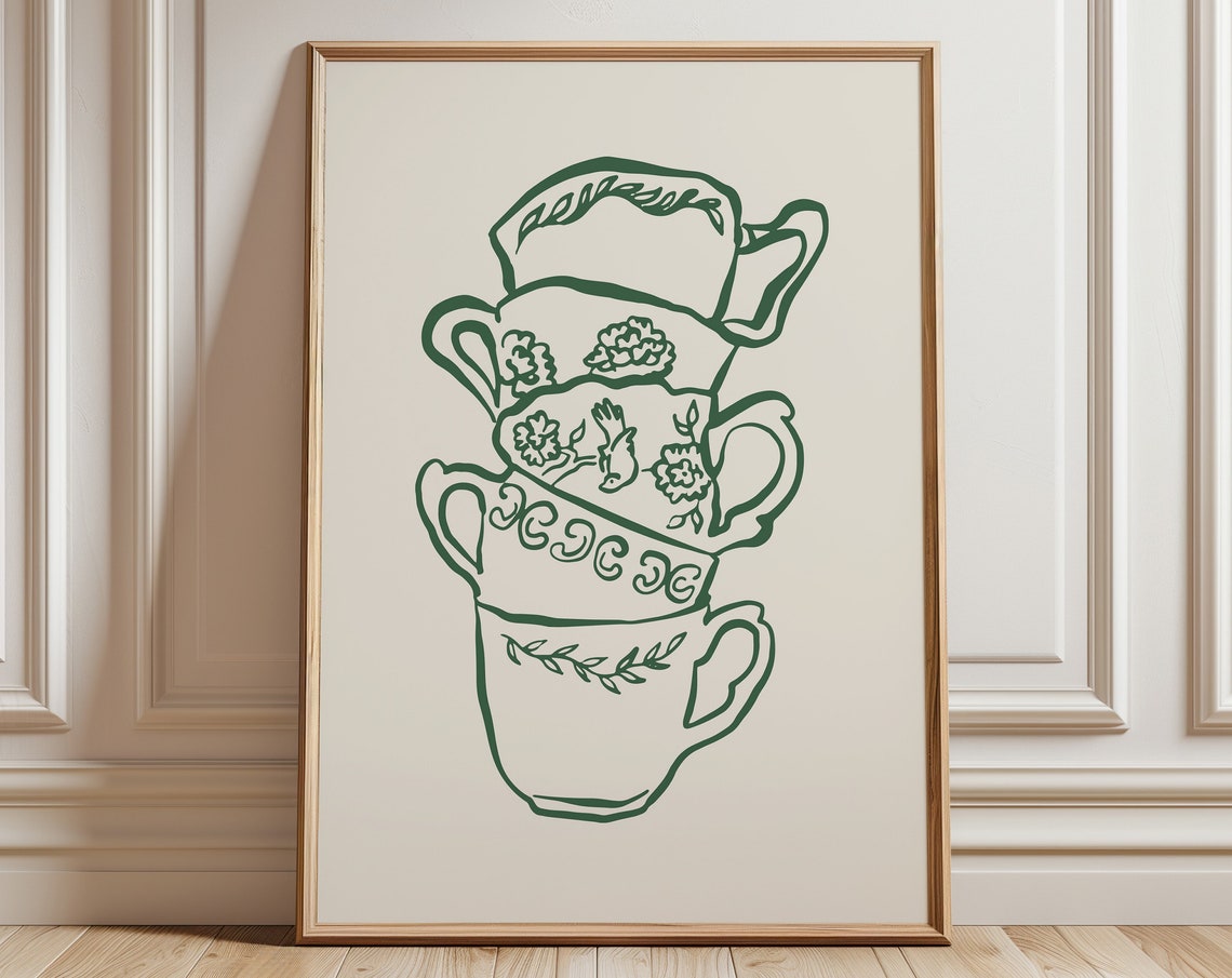 Stacked Green Tea Cups Line Drawing Minimalist Kitchen Print