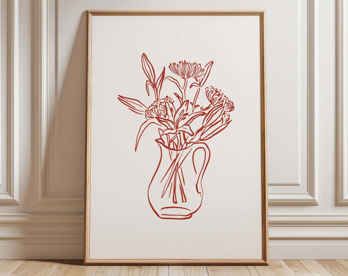 Red Fine Line Flowers In A Vase Minimalist Botanical Sketch Print