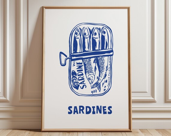 Blue Sardine Print Kitchen Wall Art Sardines Tin Dining Room Decor Fish Colorful Seafood Anchovy Food