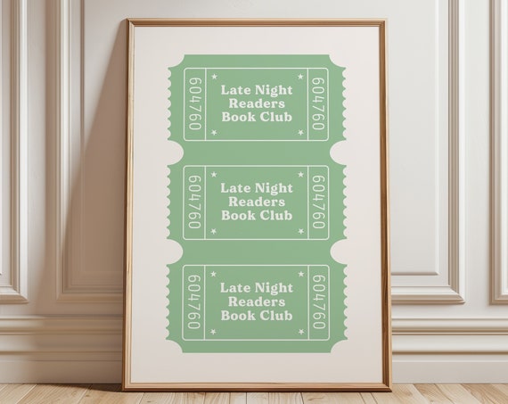 Late Night Readers Club Print Book Lover Ticket Trendy Reader Wall Bookish Poster Green Cute Library Decor