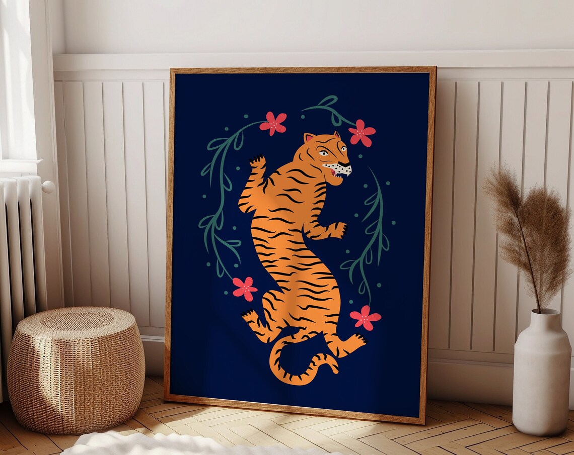 Colorful Tiger Poster, Preppy Maximalist Animal Decor
