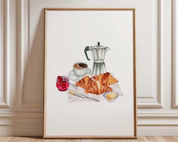 Kitchen Wall Art Retro Coffee Print Croissant Decor Breakfast Trendy Bar