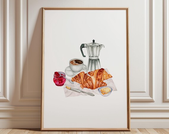 Moka Pot Coffee Croissants French Breakfast Kitchen Art Poster