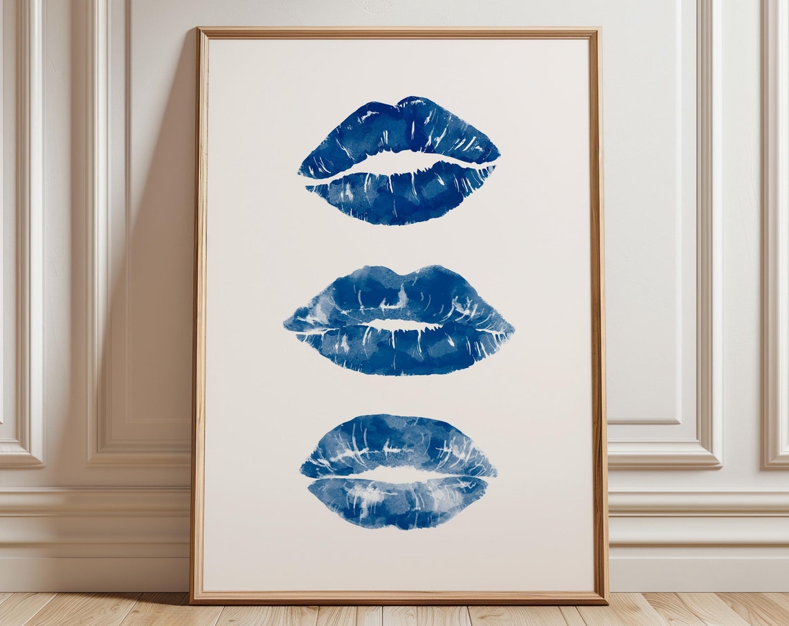 Three Blue Lipstick Kiss Prints Trendy Makeup Dorm Room Wall Art