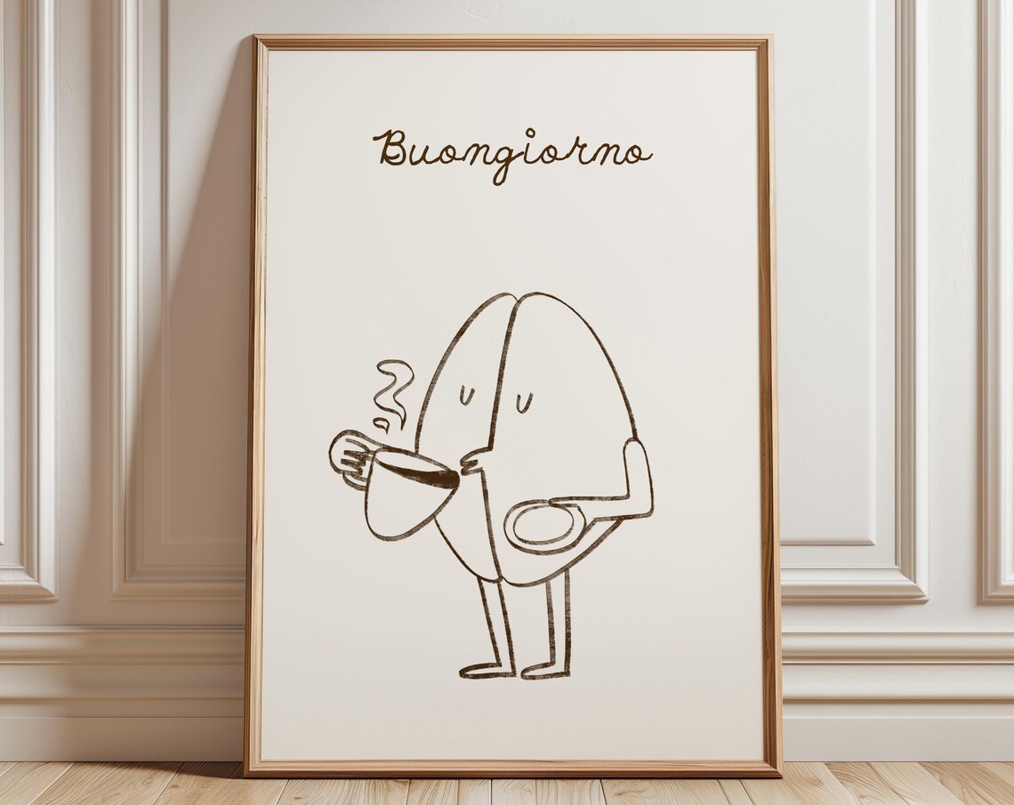 Hand Drawn Brown Coffee Print, Italian Kitchen Retro Decor