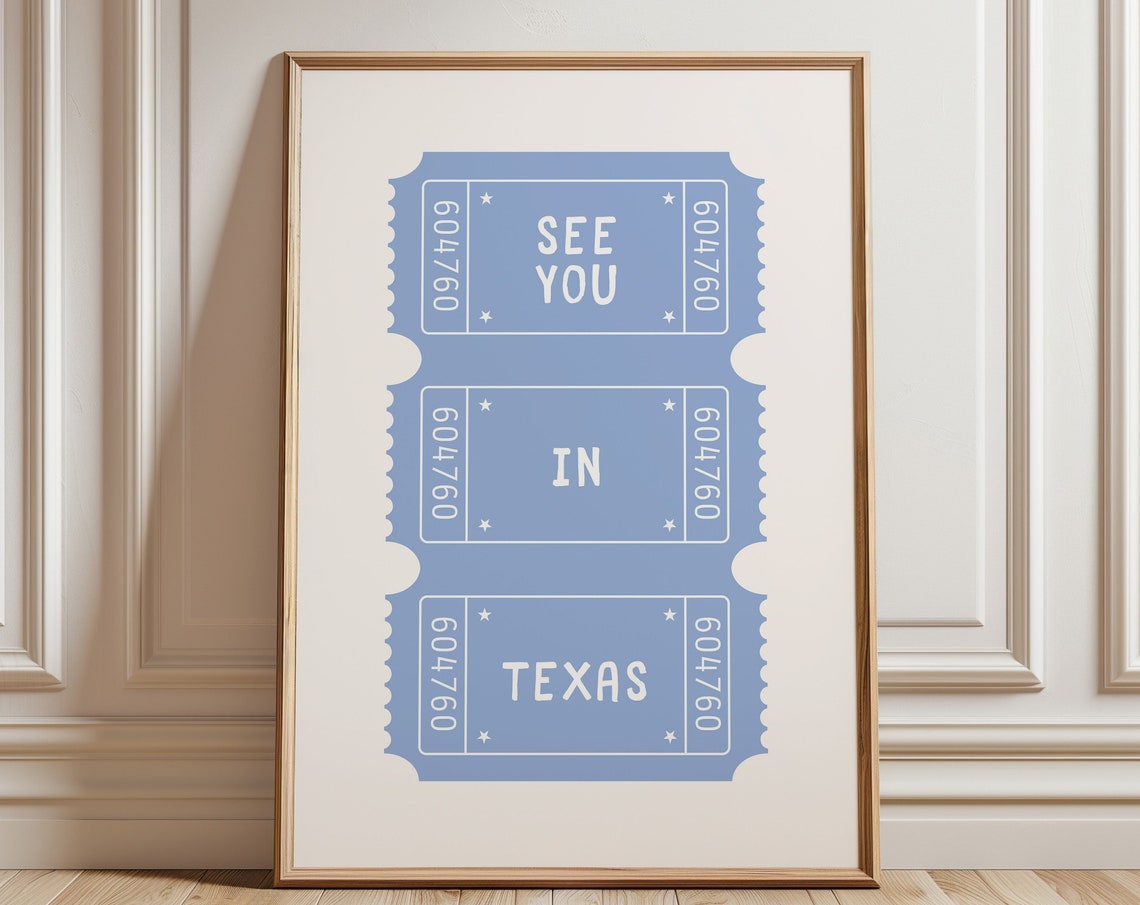 See You In Texas Blue Ticket Stub Retro State Travel Art Poster