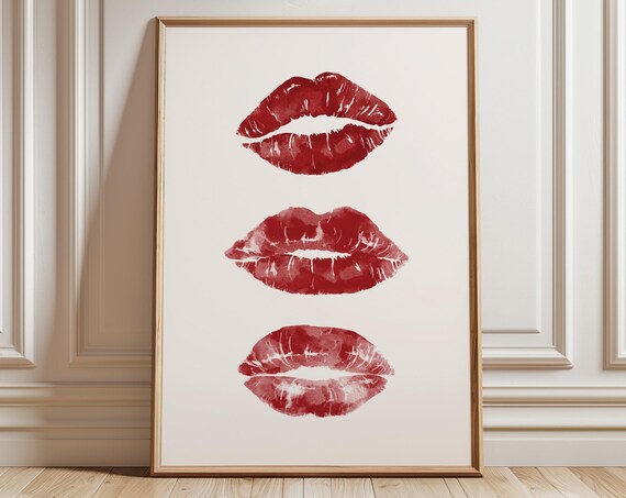 Bold Red Lipstick Kiss Marks Trio Trendy Minimalist Wall Poster