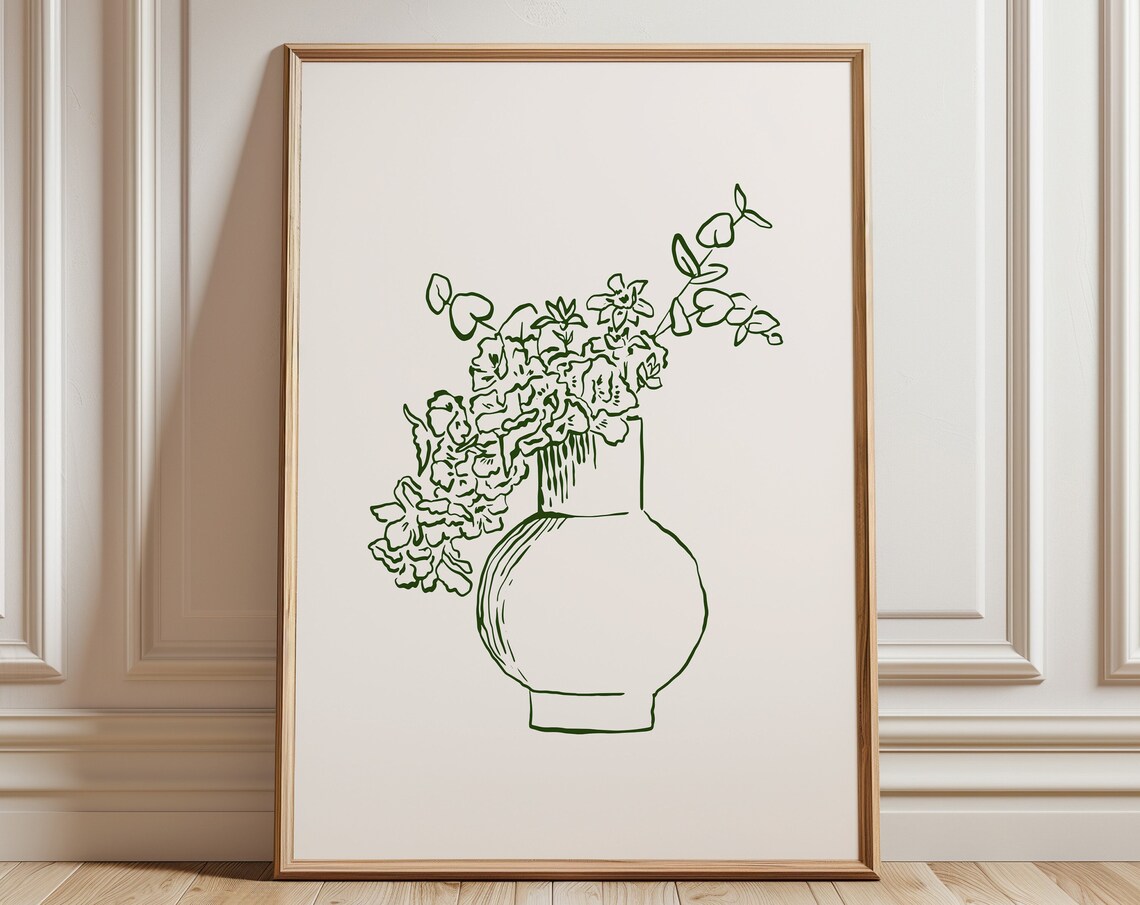 Green Line Art Flower Vase Botanical Sketch Minimalist Floral Poster