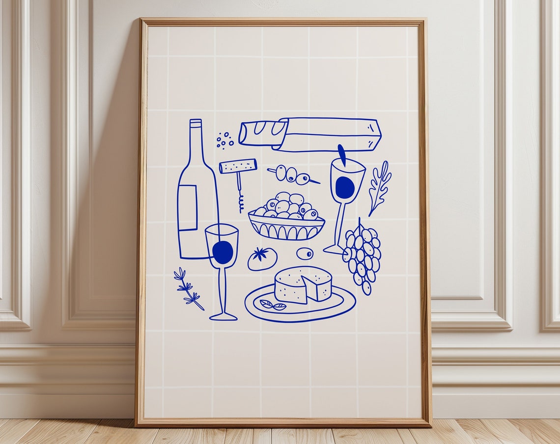 Blue Line Wine And Cheese Baguette Hand Drawn French Kitchen Poster