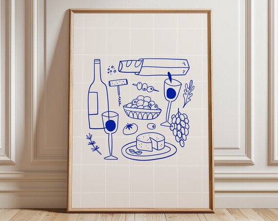 Blue Line Wine And Cheese Baguette Hand Drawn French Kitchen Poster