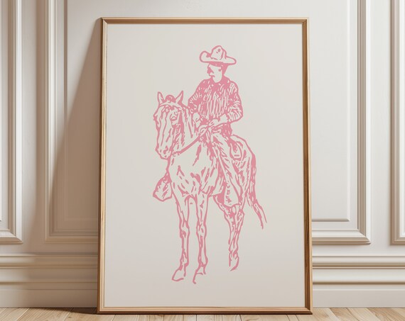 Pink Cowboy on Horseback Line Art Minimalist Western Rodeo Decor Poster