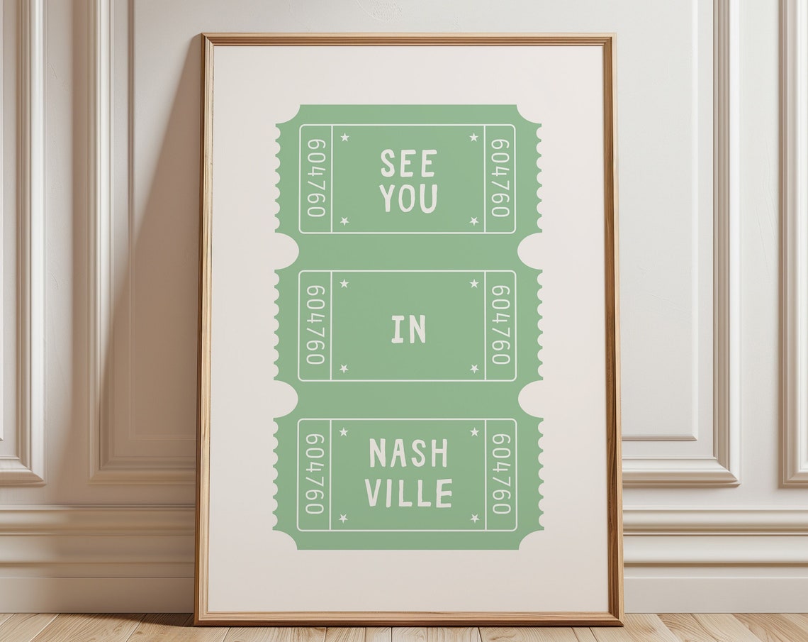 See You In Nashville Sage Green Retro Ticket Stub Travel Poster