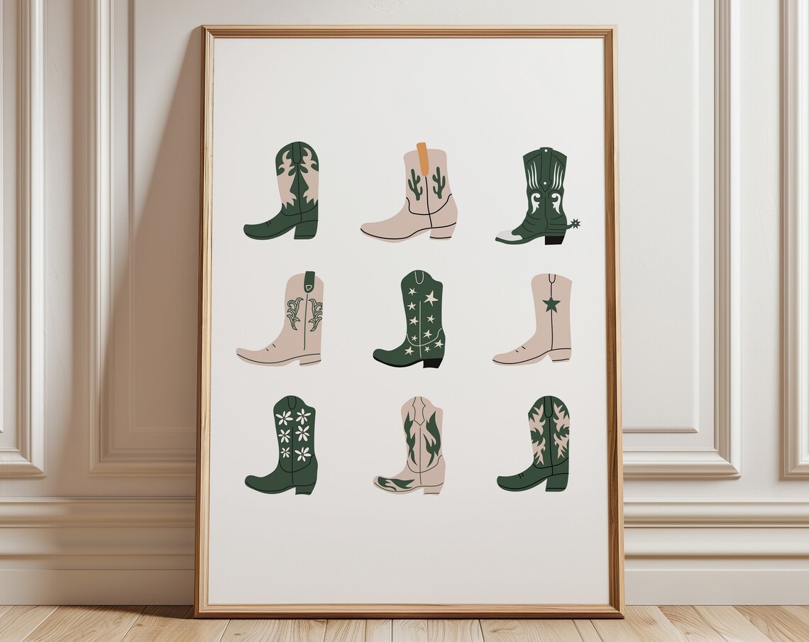 Green Cowgirl Boots Set Art Print, Western Decor