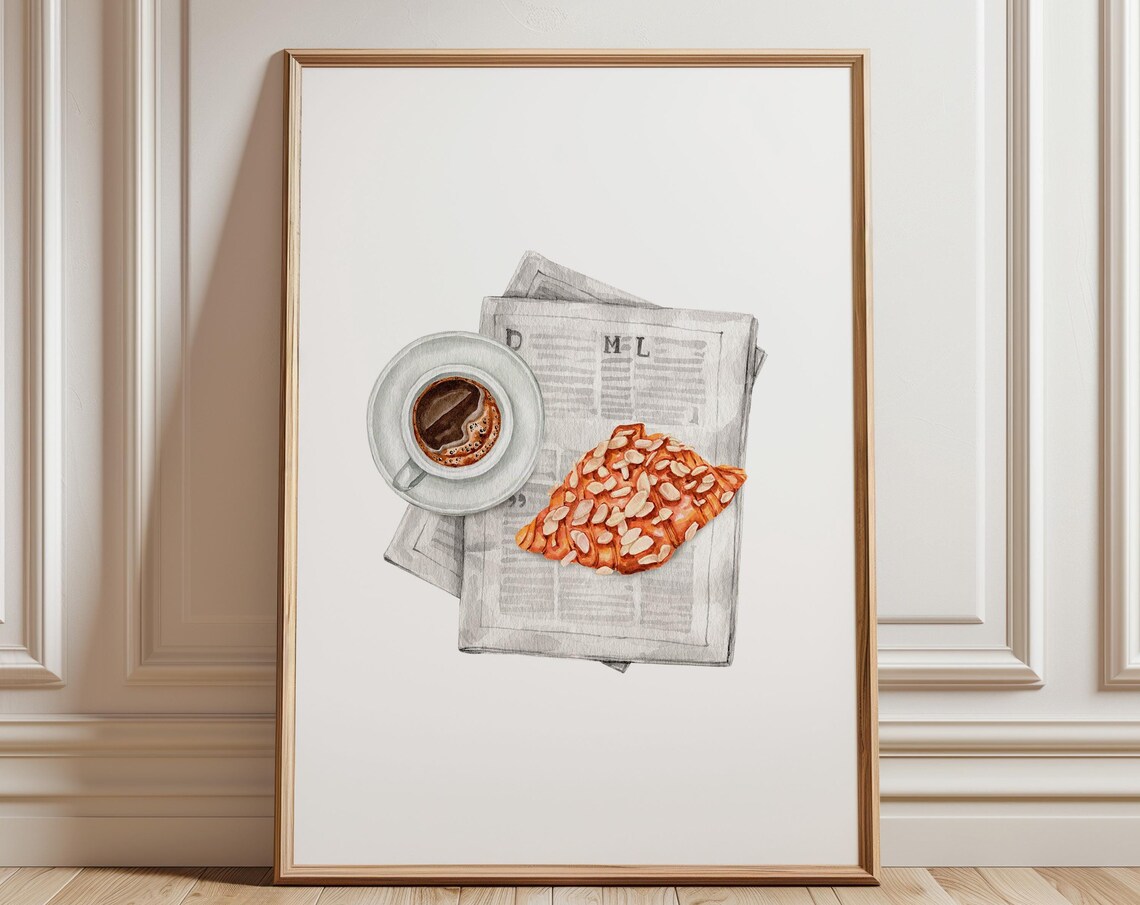 Coffee And Almond Croissant Morning Watercolor Kitchen Poster