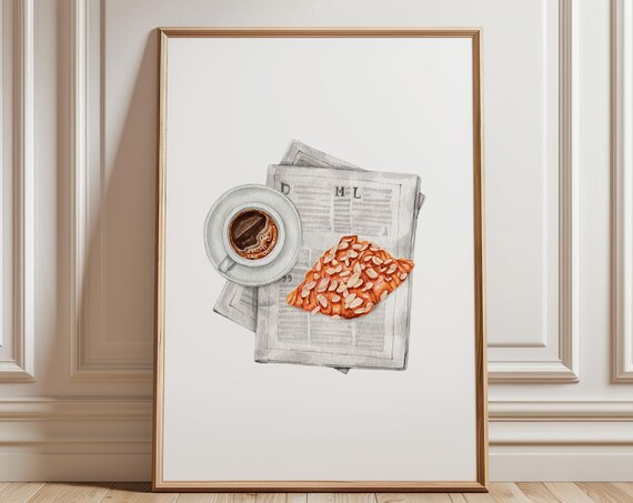 Coffee And Almond Croissant Morning Watercolor Kitchen Poster