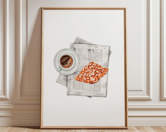 Kitchen Wall Art Retro Coffee Print Croissant Decor Breakfast Newspaper Trendy Bar