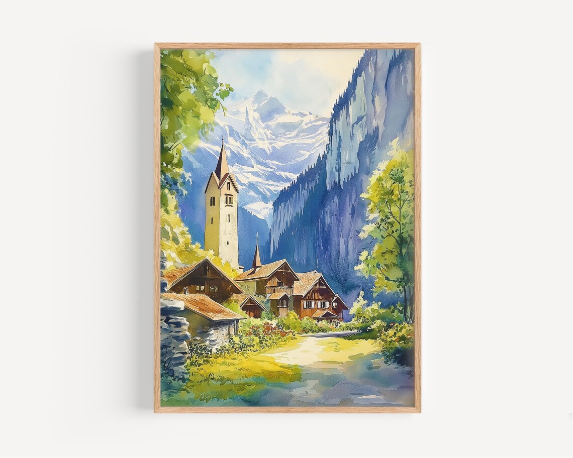 Lauterbrunnen Village Watercolor Alps Church Valley Switzerland Poster