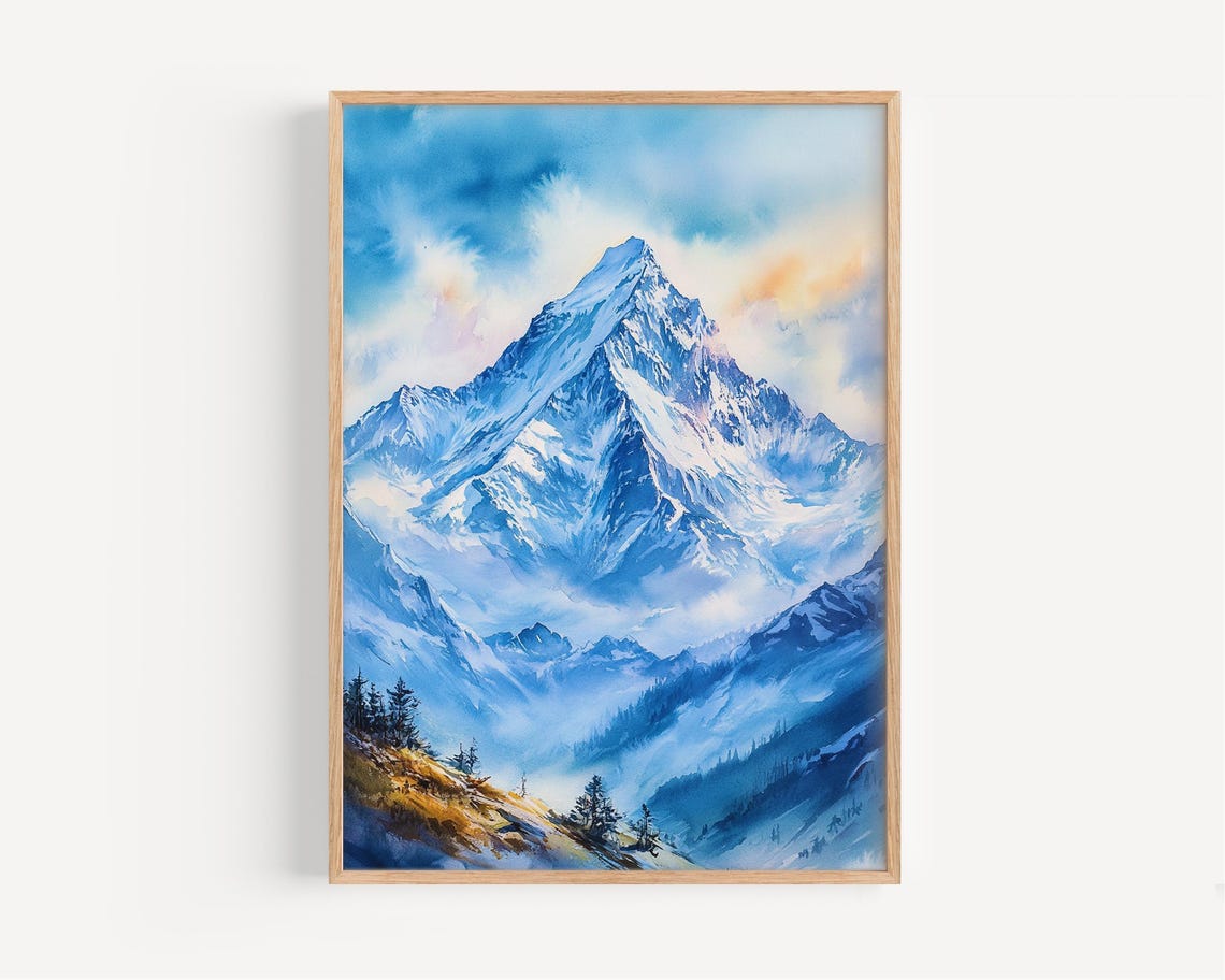 Mount Everest Snowy Himalaya Peak Misty Valley Watercolor Poster