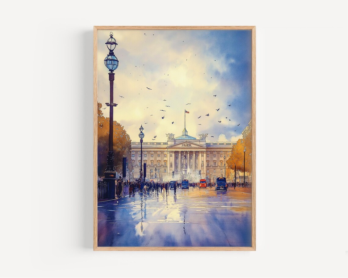 Buckingham Palace London Watercolor Poster on Rainy Mall Scene
