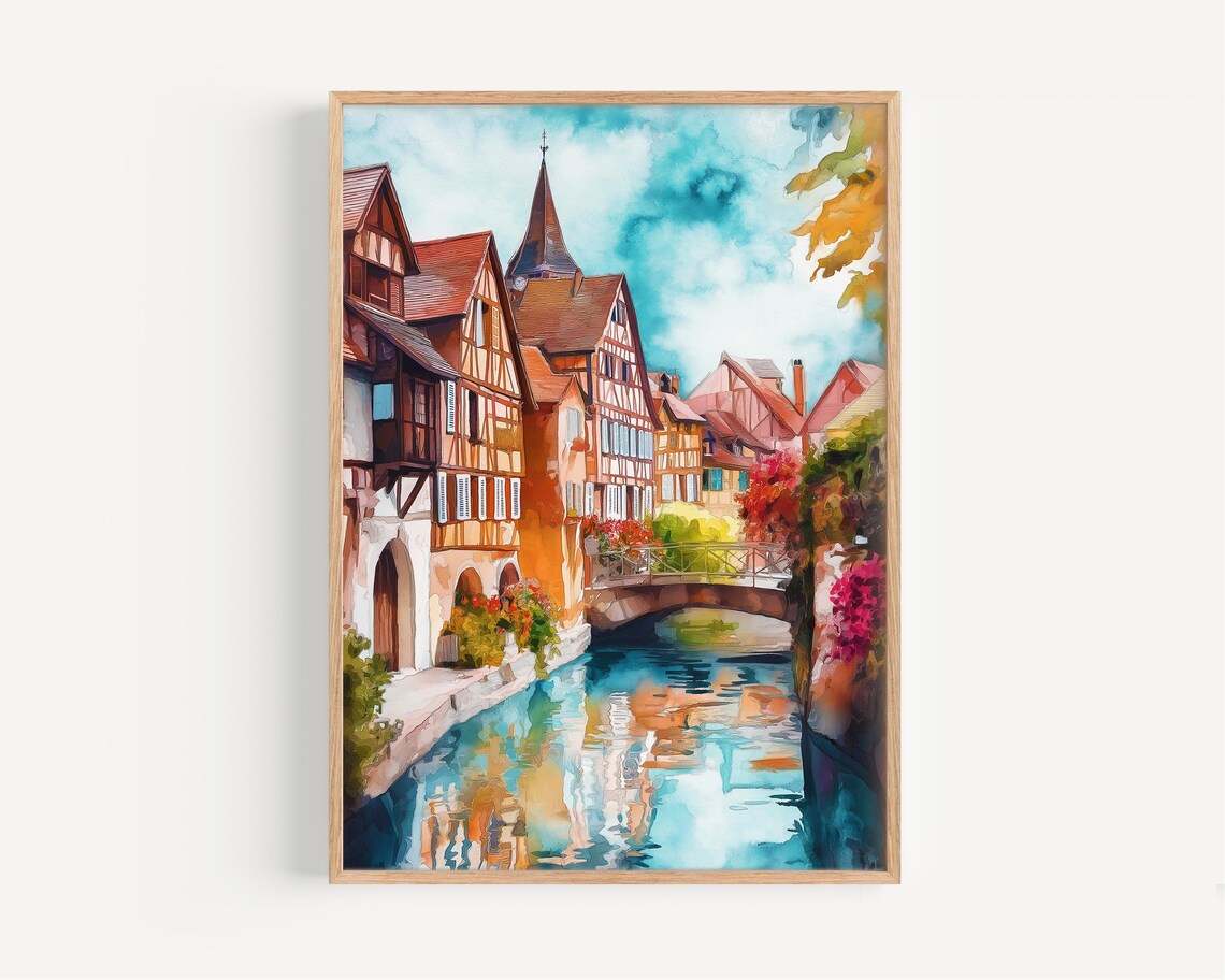 Colmar Watercolor Painting Travel Poster, France Decor