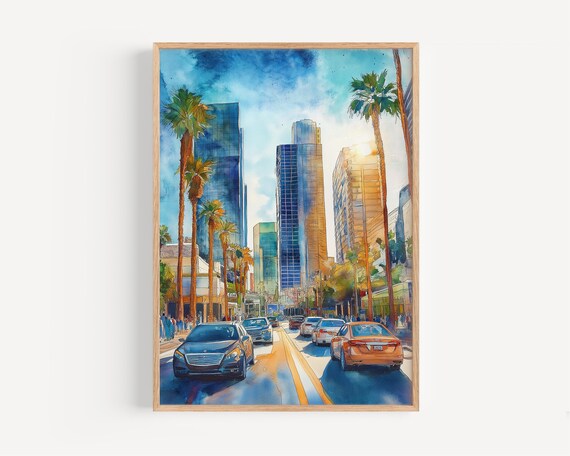 Downtown Palms Skyscrapers Watercolor City Street Sunset Art Print