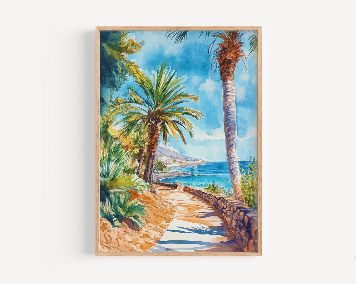 Tenerife Spain Coastal Palm Path Watercolor Ocean View Travel Poster