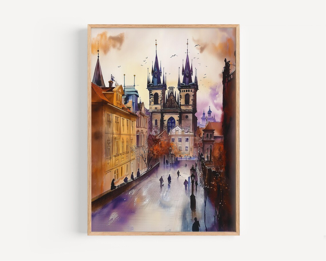 Prague Czechia Watercolor Old Town Church Spires Street Scene Poster