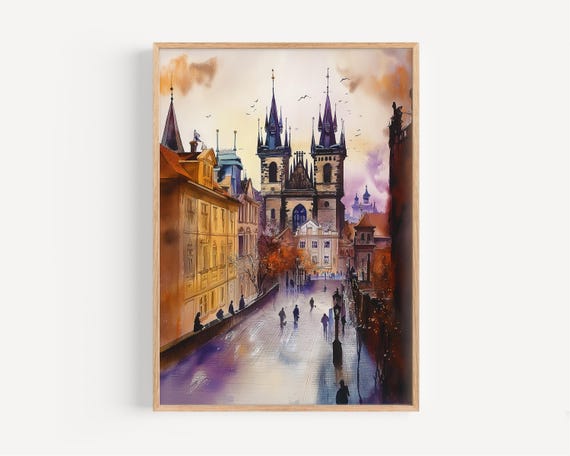 Prague Watercolor Painting Wall Art Print Poster Travel Decor Illustration Home Czech Artwork
