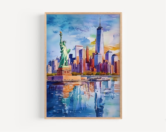 New York Watercolor Poster Statue of Liberty Skyline Harbor Art