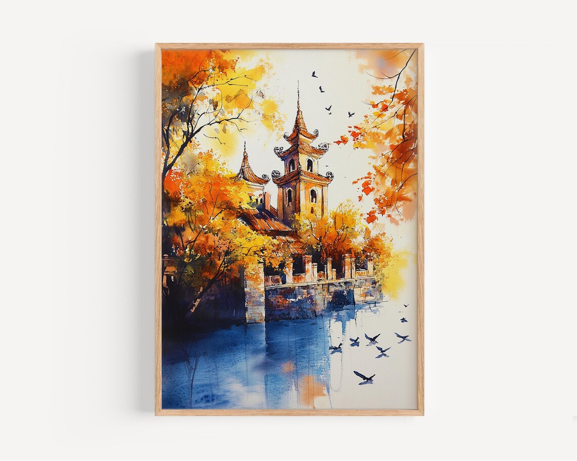Hanoi Tran Quoc Pagoda Autumn Lake Serene Watercolor Travel Poster