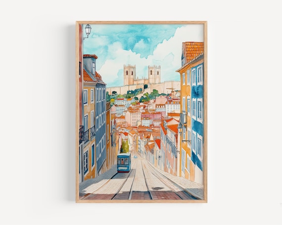 European Old Town Tram Hilltop Castle Watercolor Travel Art Print