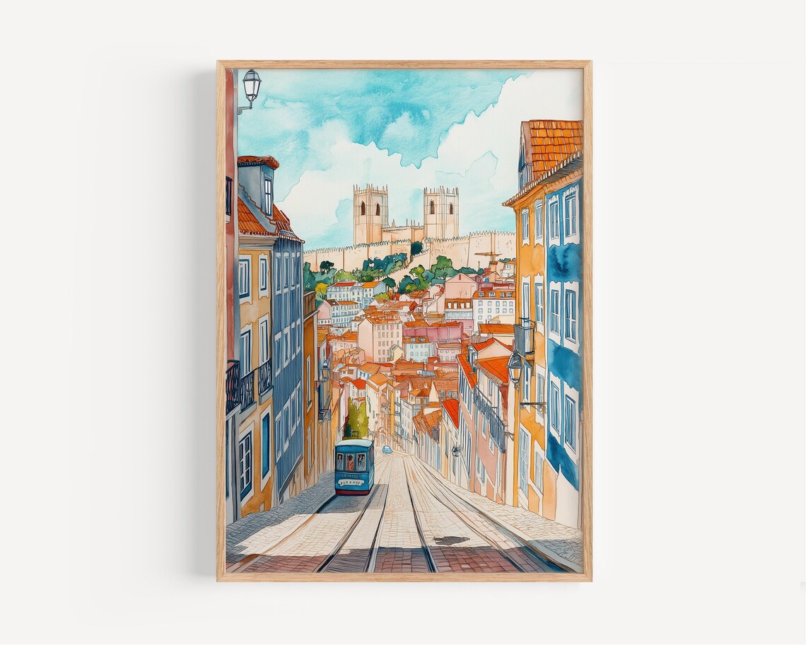 European Old Town Tram Hilltop Castle Watercolor Travel Art Print