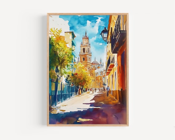 Seville Spain Cathedral Street Watercolor Old Town Travel Art Poster