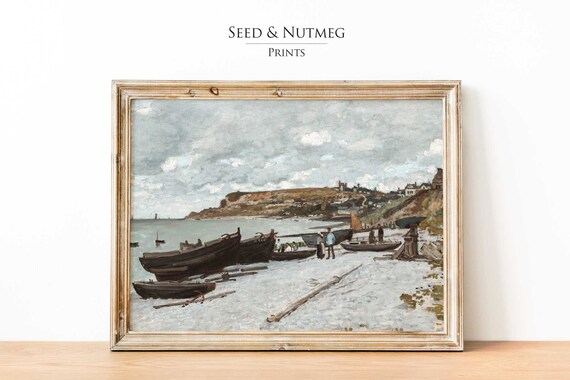 Fishing Boats Beach Cliffs Vintage Coastal Landscape Oil Painting Poster