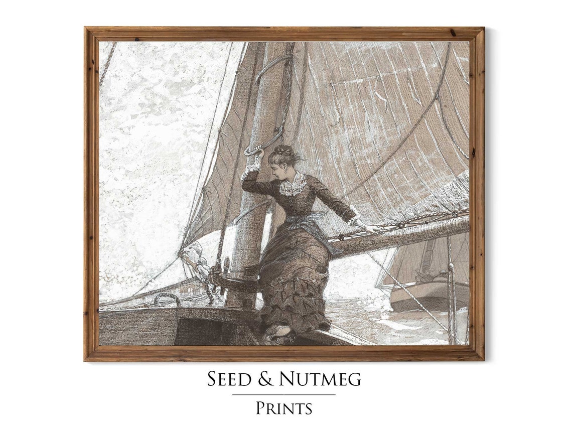 Woman Aboard a Sailing Ship Vintage Engraving Style Nautical Poster